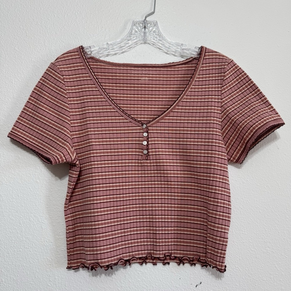 American Eagle Pink Striped Short Sleeve Lettuce Edge Crop Top Womens Size L